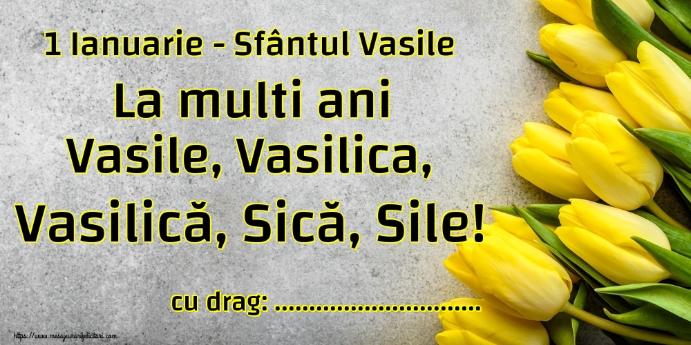 Felicitari personalizate de Sfantul Vasile - 1 Ianuarie - Sfântul Vasile La multi ani Vasile, Vasilica, Vasilică, Sică, Sile! ...! Imagine cu lalele galbene și derivate ale numelui Vasile