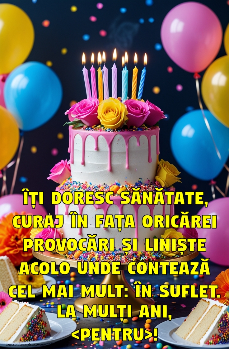 Felicitari personalizate de zi de nastere - Mesaj de la multi ani cu tort si baloane colorate