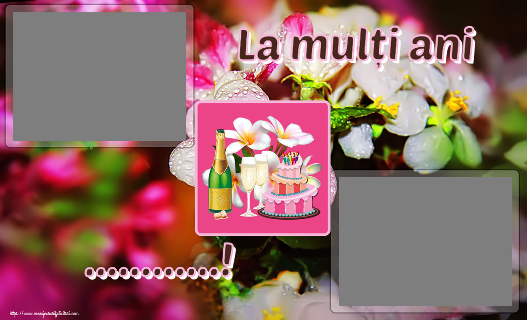 Felicitari personalizate de zi de nastere - La mulți ani ...! - Rama foto ~ tort, șampanie și flori - desen