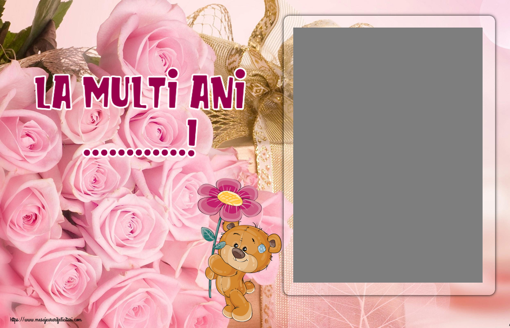 Felicitari personalizate de zi de nastere - Flori & 1 Poza & Ramă Foto | La multi ani ...! - Rama foto ~ Teddy cu o floare