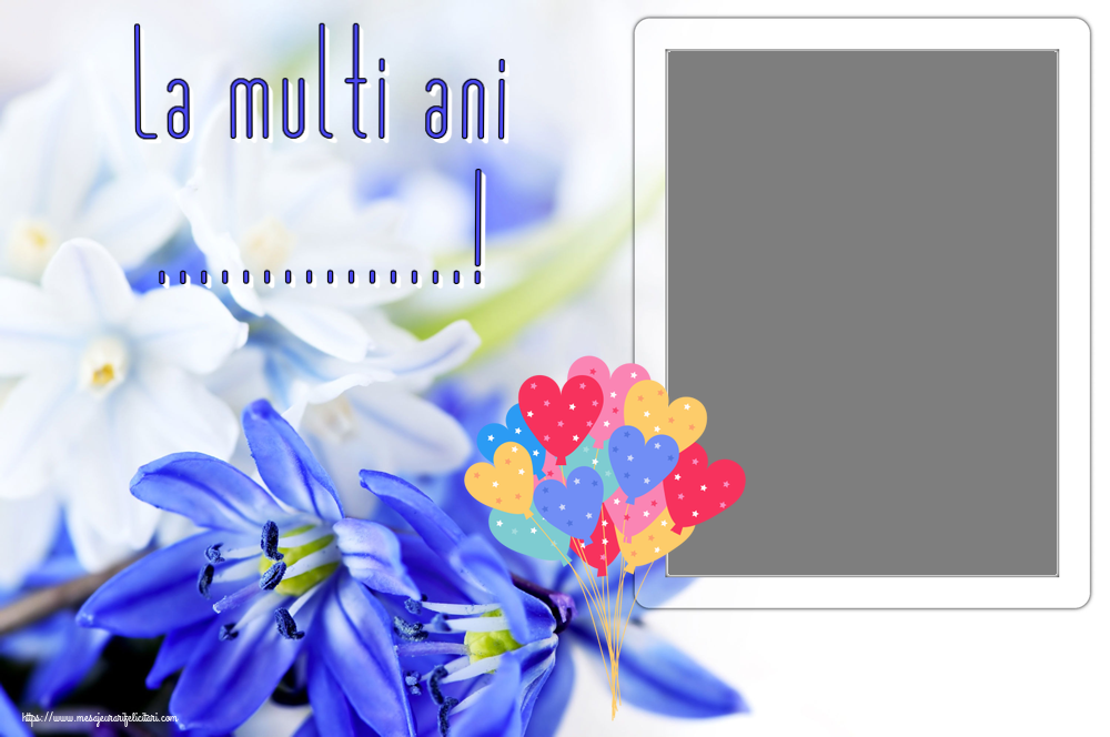 Felicitari personalizate de zi de nastere - Baloane inimioare pe fundal cu flori albastre: La multi ani ...! - Rama foto