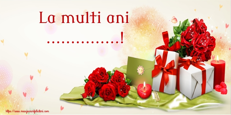 Felicitari personalizate de Ziua Numelui - Flori | La multi ani ...! - Fundal petrecere cu trandafiri roșii, cadouri și lumânari