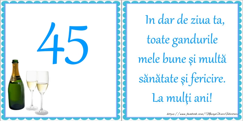 45 ani In dar de ziua ta, toate gandurile mele bune si multa sanatate si fericire! La multi ani!