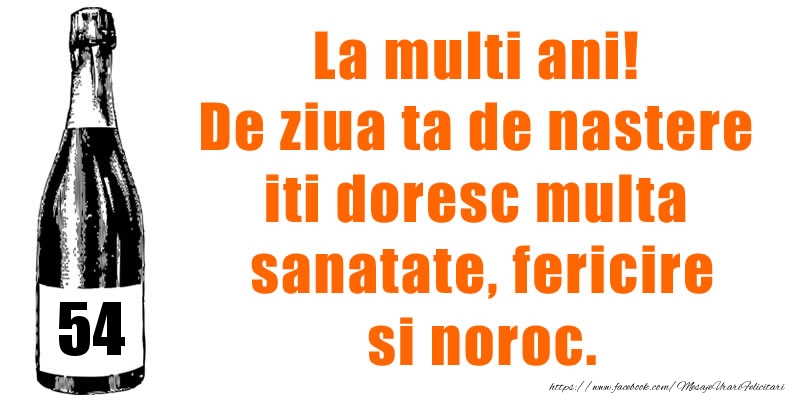 54 ani La multi ani! De ziua ta de nastere iti doresc multa sanatate, fericire si noroc.