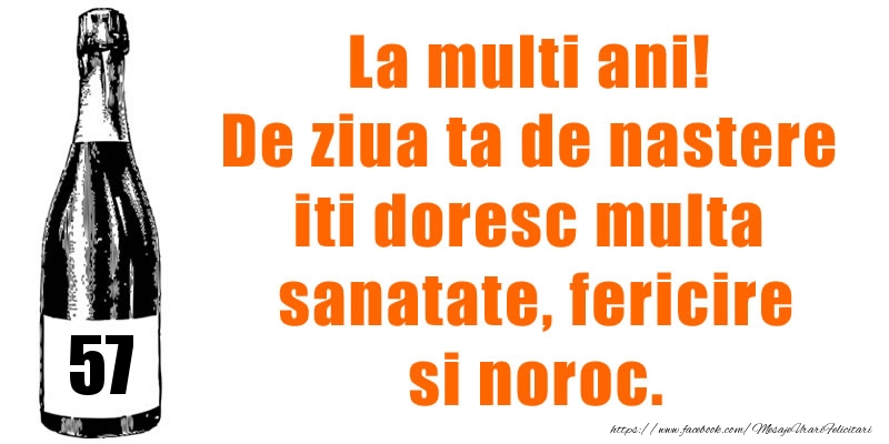 57 ani La multi ani! De ziua ta de nastere iti doresc multa sanatate, fericire si noroc.