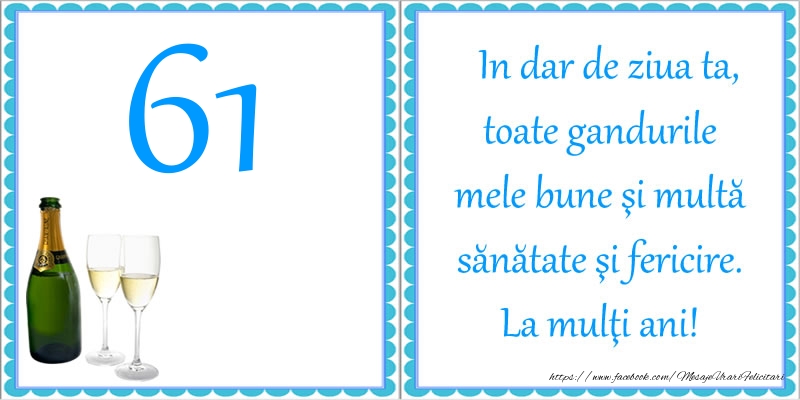 61 ani In dar de ziua ta, toate gandurile mele bune si multa sanatate si fericire! La multi ani!