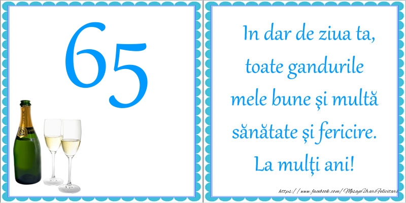 65 ani In dar de ziua ta, toate gandurile mele bune si multa sanatate si fericire! La multi ani!