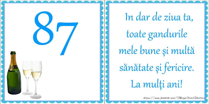87 ani In dar de ziua ta, toate gandurile mele bune si multa sanatate si fericire! La multi ani!