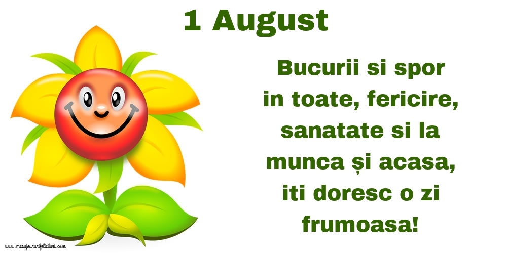 1.August Bucurii si spor in toate, fericire, sanatate si la munca și acasa, iti doresc o zi frumoasa!