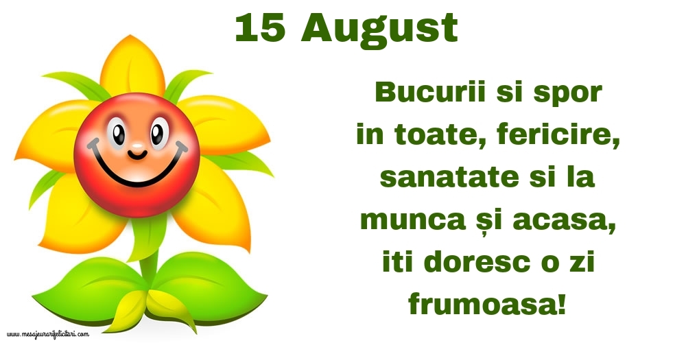 15.August Bucurii si spor in toate, fericire, sanatate si la munca și acasa, iti doresc o zi frumoasa!
