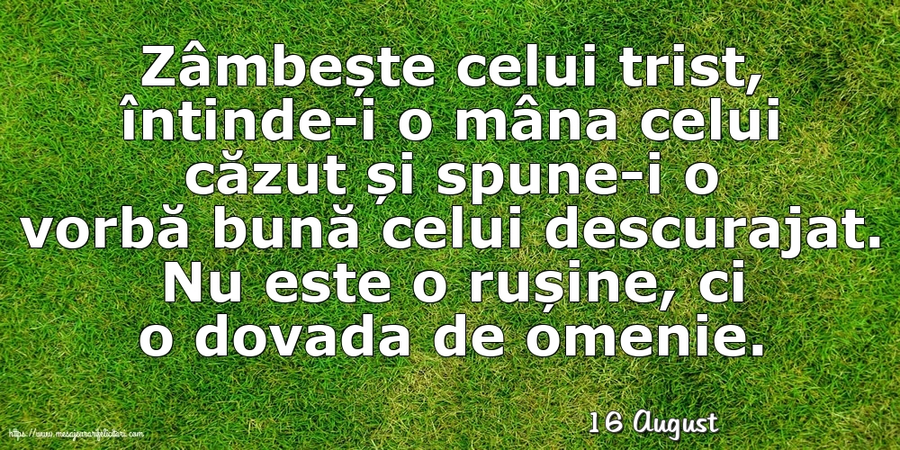 Felicitari de 16 August - 16 August - Zâmbește celui trist, întinde-i o mâna celui căzut... Nu este o rușine, ci o dovada de omenie.