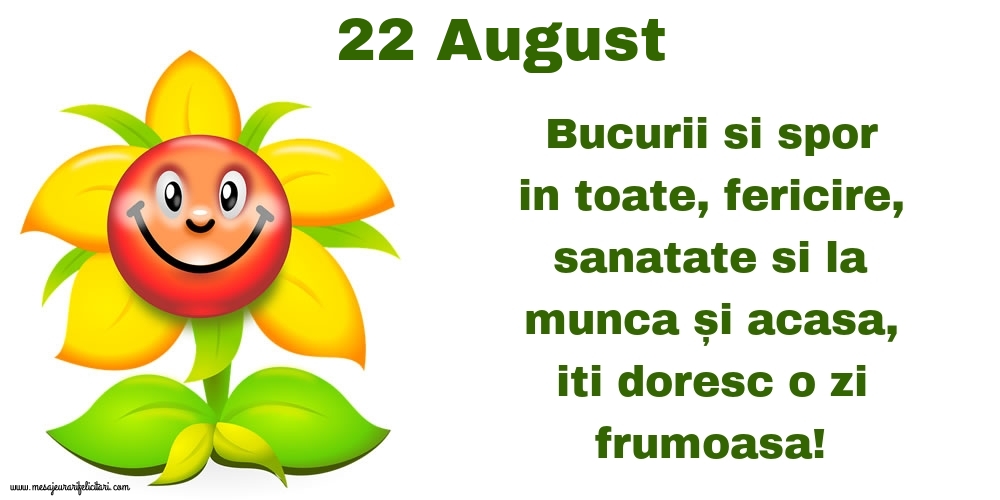 22.August Bucurii si spor in toate, fericire, sanatate si la munca și acasa, iti doresc o zi frumoasa!