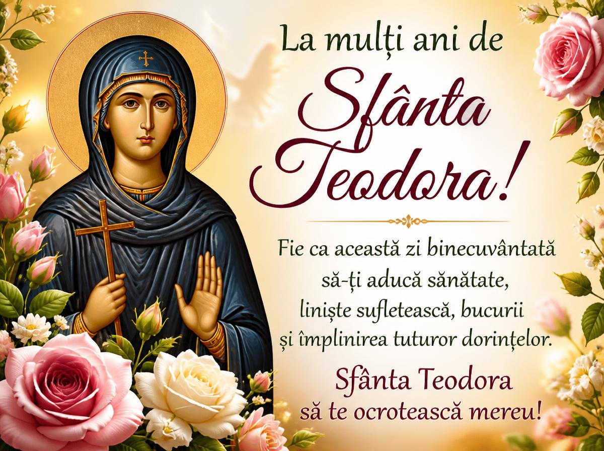 Felicitari de 7 August - La mulți ani de Sfânta Teodora! Fie ca această zi binecuvântată să-ți aducă sănătate, liniște sufletească, bucurii și împlinirea tuturor dorințelor. Sfânta Teodora să te ocrotească mereu!