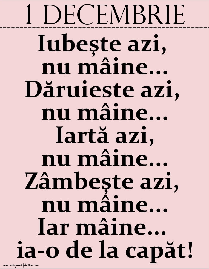 1.Decembrie Iubeşte azi, nu mâine. Dăruieste azi, nu mâine. Iartă azi, nu mâine. Zâmbeşte azi, nu mâine. Iar mâine...ia-o de la capăt!