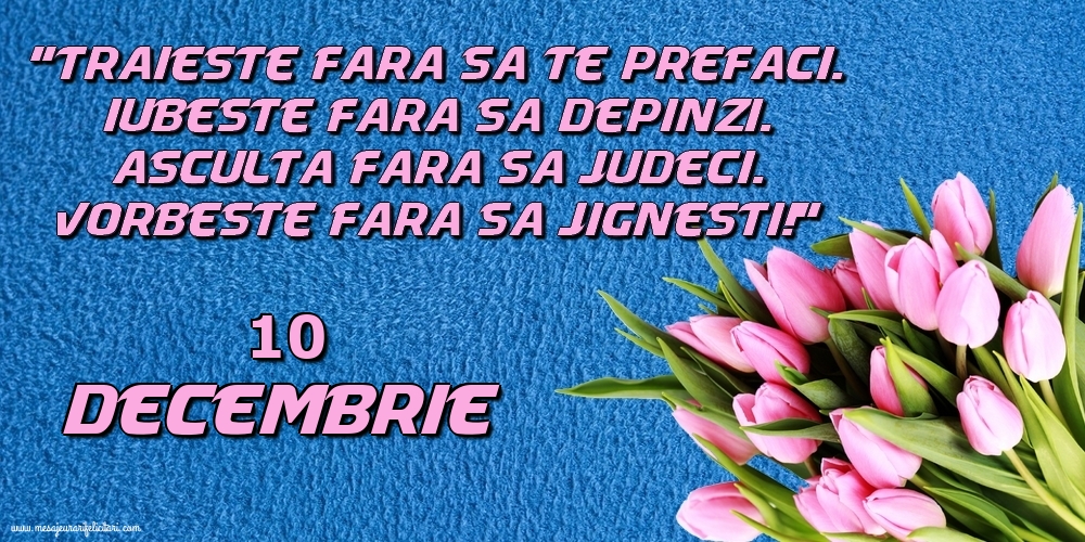 Felicitari de 10 Decembrie - 10.Decembrie Trăieşte fara sa te prefaci. Iubeşte fara sa depinzi. Asculta fara sa judeci. Vorbeste fara sa jignesti!
