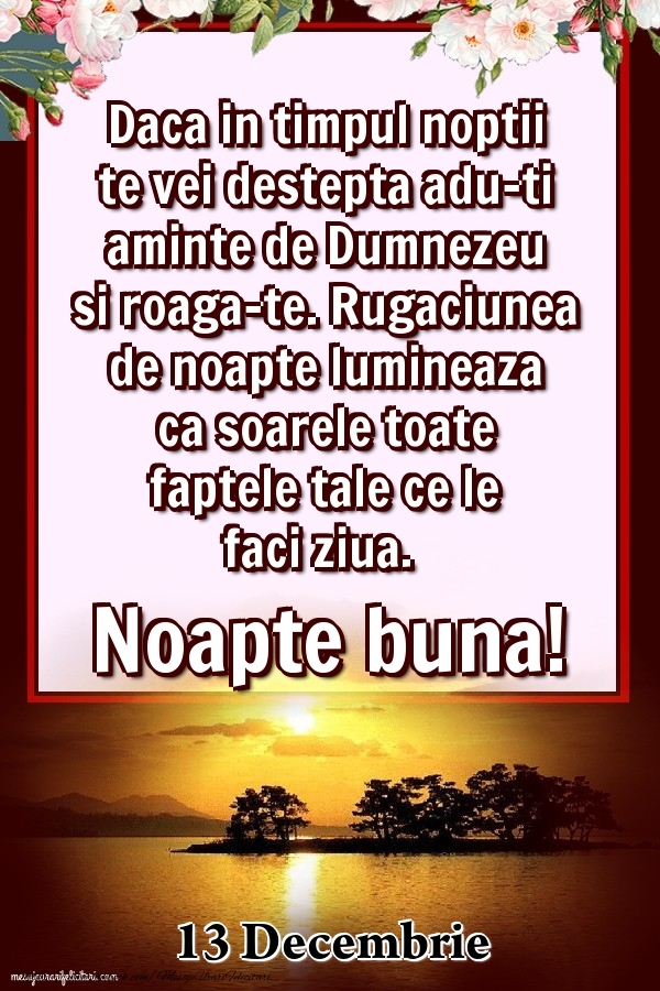 13 Decembrie - Daca in timpul noptii te vei destepta adu-ti aminte de Dumnezeu si roaga-te. Rugaciunea de noapte lumineaza ca soarele toate faptele tale ce le faci ziua. Noapte buna!