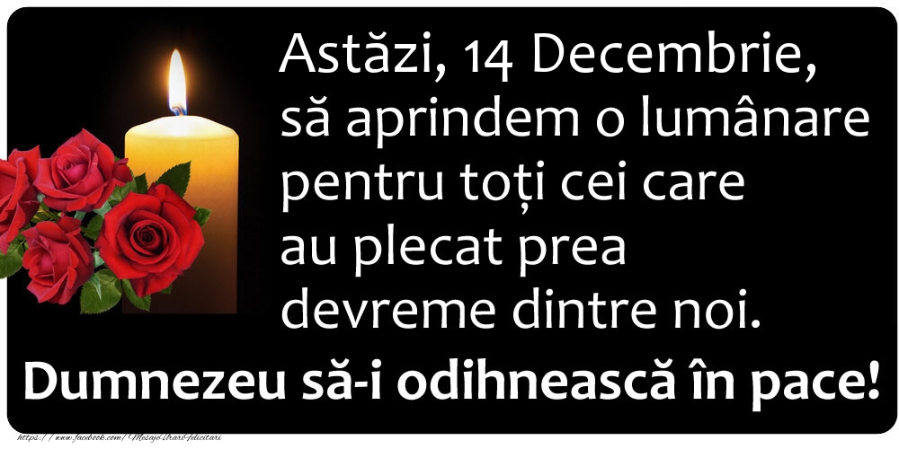 Astăzi, 14 Decembrie, să aprindem o lumânare pentru toți cei care au plecat prea devreme dintre noi. Dumnezeu să-i odihnească în pace!