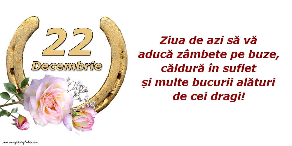 Felicitari de 22 Decembrie - Ziua de azi să vă aducă zâmbete pe buze, căldură în suflet și multe bucurii alături de cei dragi!
