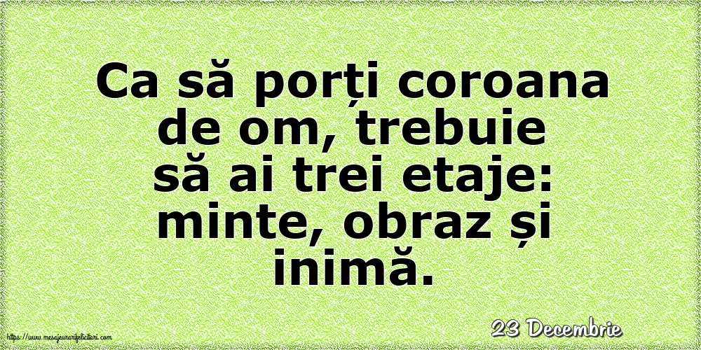 Felicitari de 23 Decembrie - 23 Decembrie - Ca să porți coroana de om, trebuie să ai trei etaje: minte, obraz și inimă.