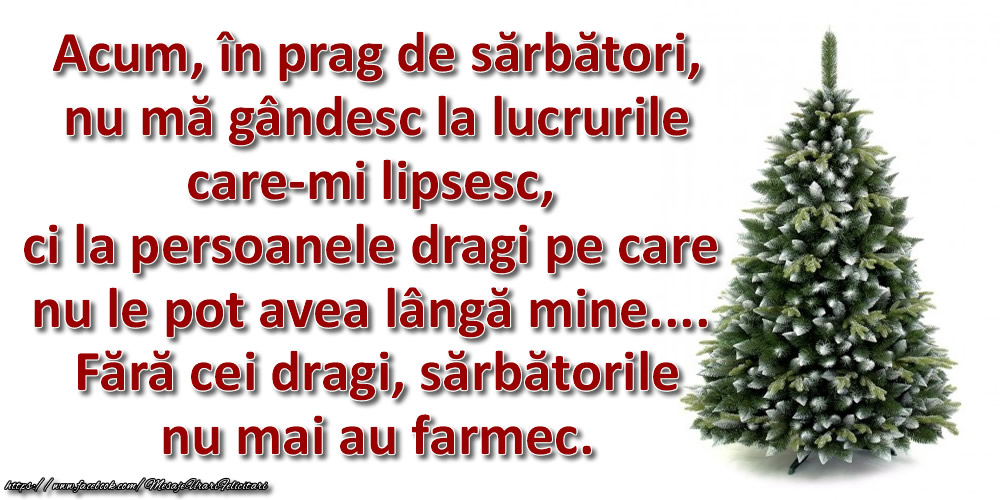 Felicitari de 23 Decembrie - Acum, în prag de sărbători, nu mă gândesc la lucrurile care-mi lipsesc, ci la persoanele dragi pe care nu le pot avea lângă mine.... Fără cei dragi, sărbătorile nu mai au farmec.