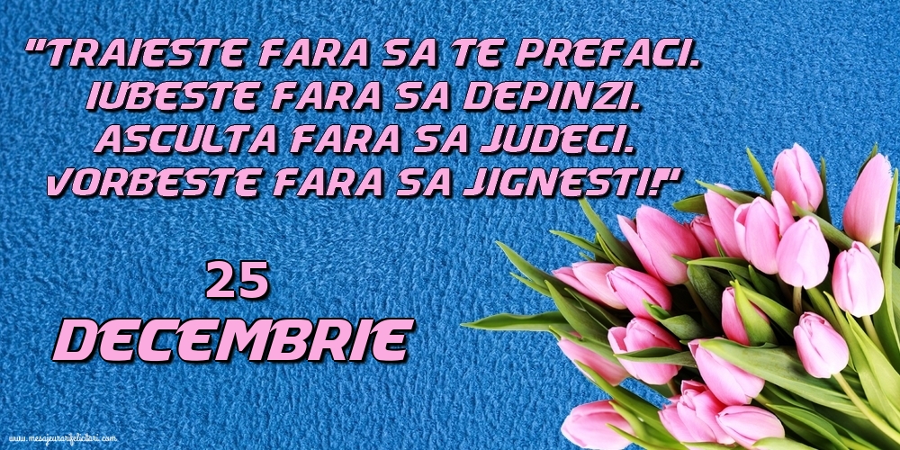 Felicitari de 25 Decembrie - 25.Decembrie Trăieşte fara sa te prefaci. Iubeşte fara sa depinzi. Asculta fara sa judeci. Vorbeste fara sa jignesti!