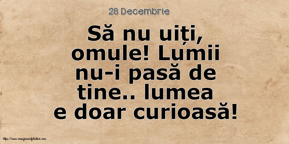 Felicitari de 28 Decembrie - 28 Decembrie - Să nu uiți, omule! Lumii nu-i pasă de tine.. lumea e doar curioasă!