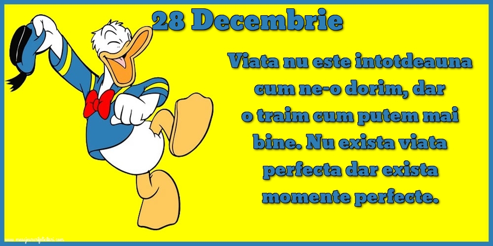Felicitari de 28 Decembrie - 28.Decembrie Viata nu este intotdeauna cum ne-o dorim, dar o traim cum putem mai bine. Nu exista viata perfecta dar exista momente perfecte.