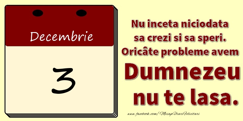 Nu inceta niciodata sa crezi si sa speri. Oricâte probleme avem Dumnezeu nu te lasa. 3Decembrie