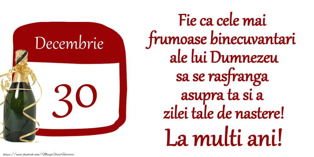 Decembrie 30 Fie ca cele mai frumoase binecuvantari ale lui Dumnezeu sa se rasfranga asupra ta si a zilei tale de nastere! La multi ani!