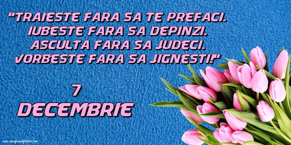 7.Decembrie Trăieşte fara sa te prefaci. Iubeşte fara sa depinzi. Asculta fara sa judeci. Vorbeste fara sa jignesti!