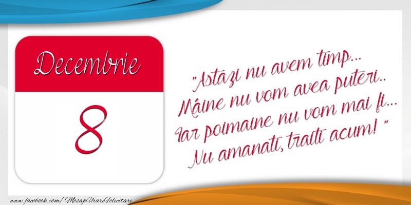 Felicitari de 8 Decembrie - Astazi nu avem timp... Mâine nu vom avea puteri.. Iar poimaine nu vom mai fi... Nu amanati, traiti acum! 8Decembrie