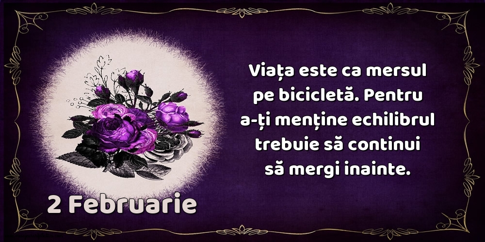 Felicitari de 2 Februarie - 2.Februarie Viața este ca mersul pe bicicletă. Pentru a-ți menține echilibrul trebuie să continui să mergi inainte.