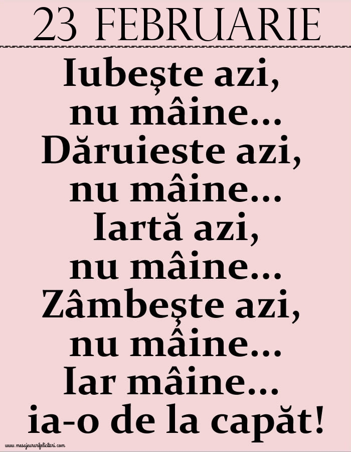 23.Februarie Iubeşte azi, nu mâine. Dăruieste azi, nu mâine. Iartă azi, nu mâine. Zâmbeşte azi, nu mâine. Iar mâine...ia-o de la capăt!