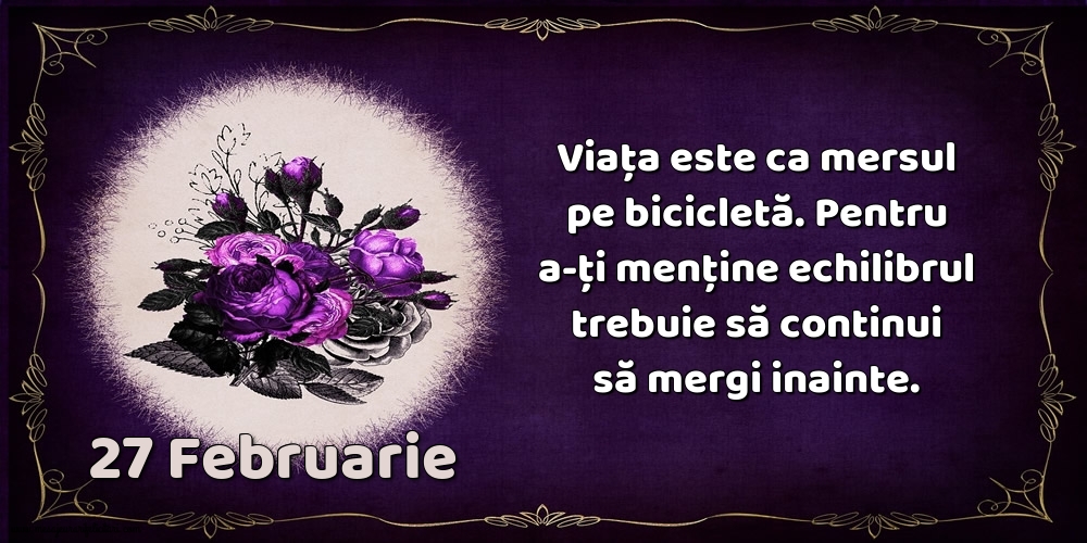 27.Februarie Viața este ca mersul pe bicicletă. Pentru a-ți menține echilibrul trebuie să continui să mergi inainte.