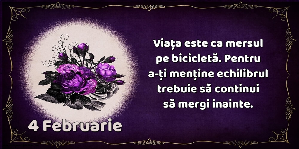 4.Februarie Viața este ca mersul pe bicicletă. Pentru a-ți menține echilibrul trebuie să continui să mergi inainte.