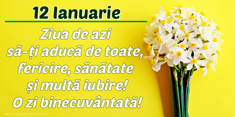 Ianuarie 12 Ziua de azi să-ți aducă de toate, fericire, sănătate și multă iubire! O zi binecuvântată!