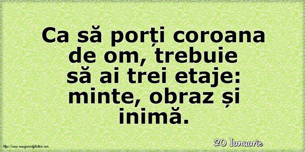 Felicitari de 20 Ianuarie - 20 Ianuarie - Ca să porți coroana de om, trebuie să ai trei etaje: minte, obraz și inimă.
