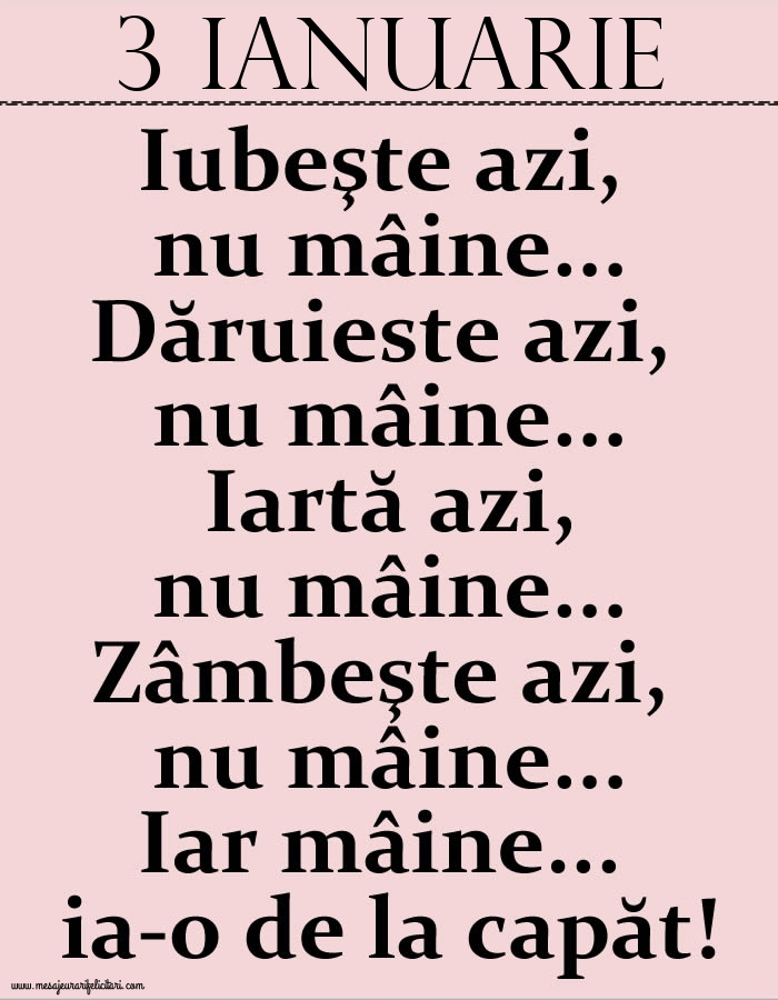 3.Ianuarie Iubeşte azi, nu mâine. Dăruieste azi, nu mâine. Iartă azi, nu mâine. Zâmbeşte azi, nu mâine. Iar mâine...ia-o de la capăt!