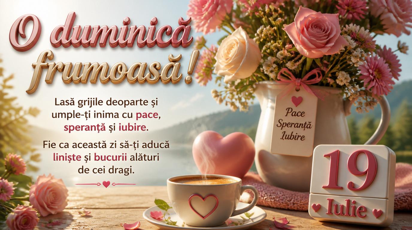 Felicitari de 19 Iulie - O duminică frumoasă! Lasă grijile deoparte și umple-ți inima cu pace, speranță și iubire. Fie ca această zi să-ți aducă liniște și bucurii alături de cei dragi. 19 Iulie