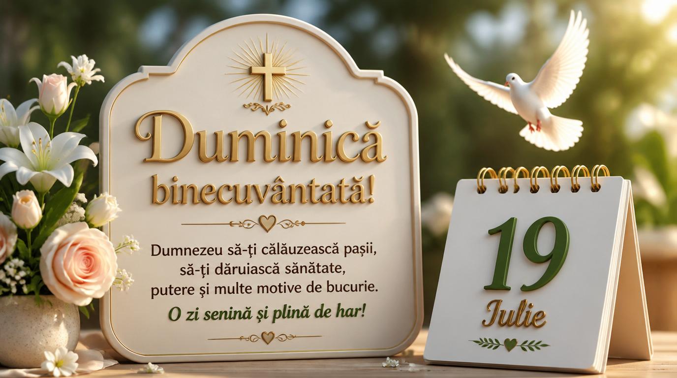 Felicitari de 19 Iulie - Duminică binecuvântată! Dumnezeu să-ți călăuzească pașii, să-ți dăruiască sănătate, putere și multe motive de bucurie. O zi senină și plină de har!19 Iulie