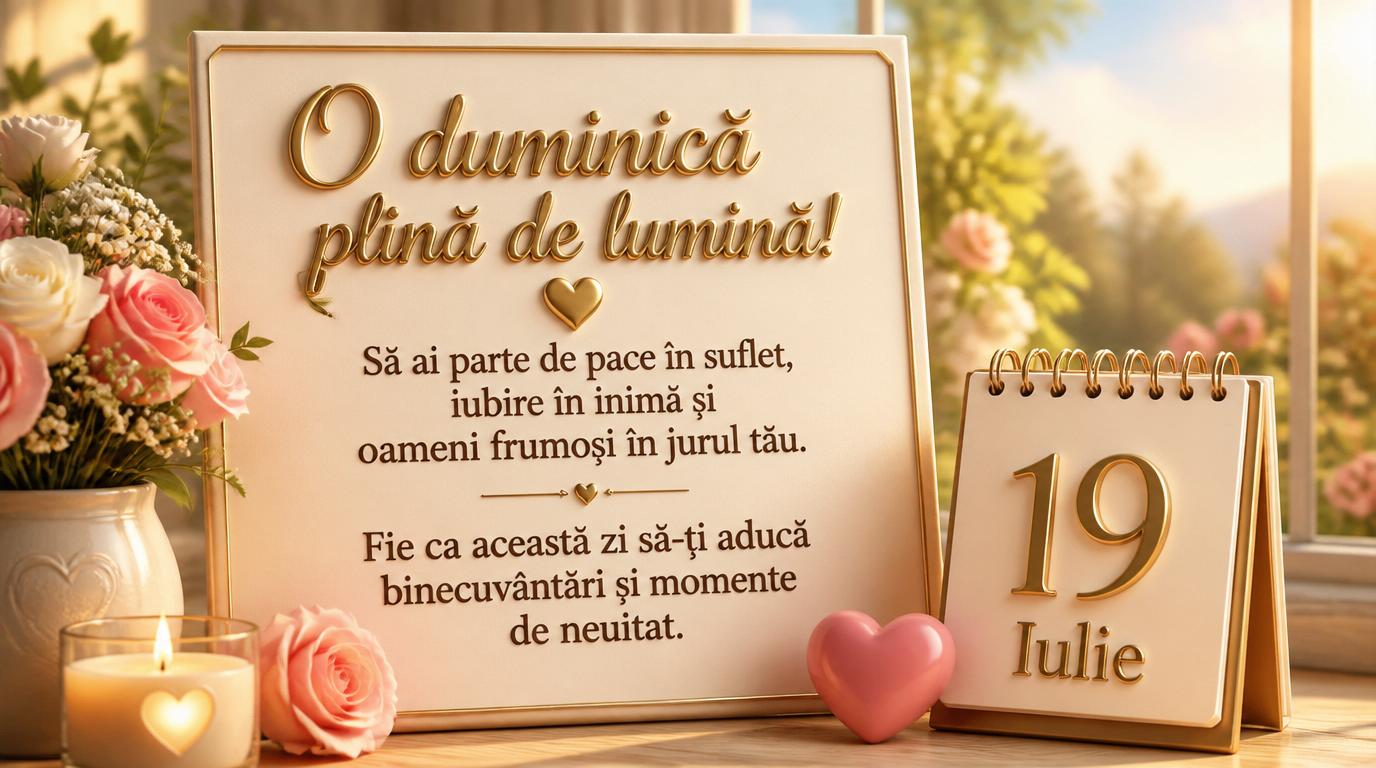 Felicitari de 19 Iulie - O duminică plină de lumină! Să ai parte de pace în suflet, iubire în inimă și oameni frumoși în jurul tău. Fie ca această zi să-ți aducă binecuvântări și momente de neuitat. 19 Iulie