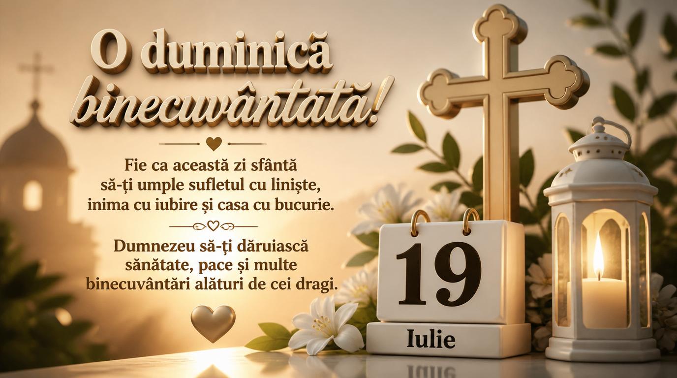 Felicitari de 19 Iulie - O duminică binecuvântată! Fie ca această zi sfântă să-ți umple sufletul cu liniște, inima cu iubire și casa cu bucurie. Dumnezeu să-ți dăruiască sănătate, pace și multe binecuvântări alături de cei dragi.  19 Iulie