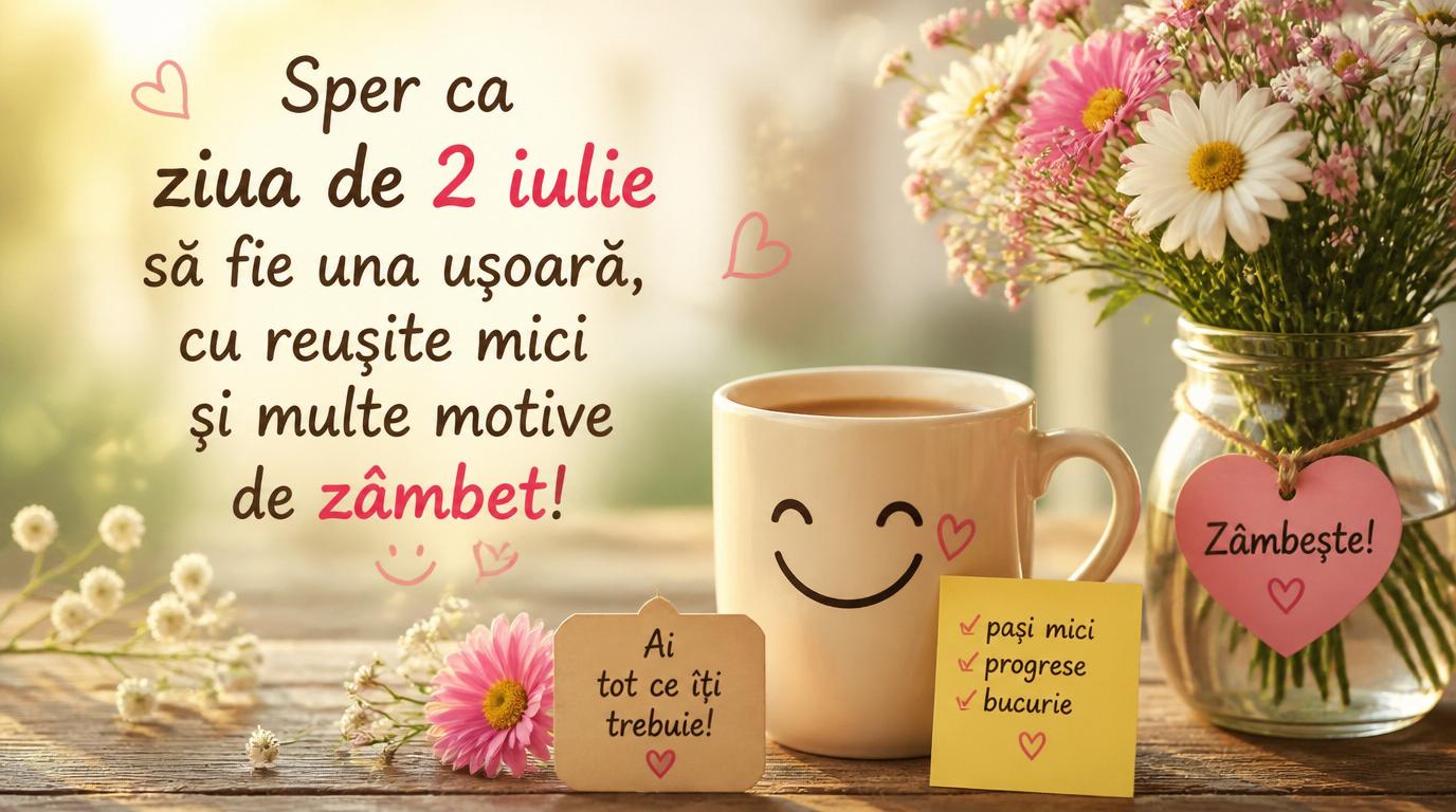 Felicitari de 2 Iulie - Sper ca ziua de 2 iulie să fie una ușoară, cu reușite mici și multe motive de zâmbet!