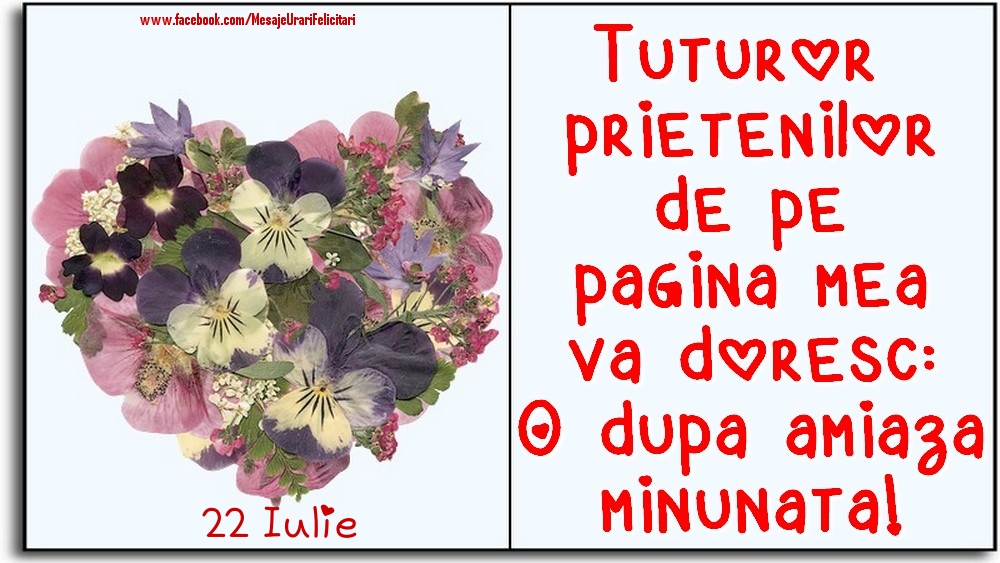 22 Iulie -Tuturor prietenilor de pe pagina mea va doresc: O dupa amiaza minunata!