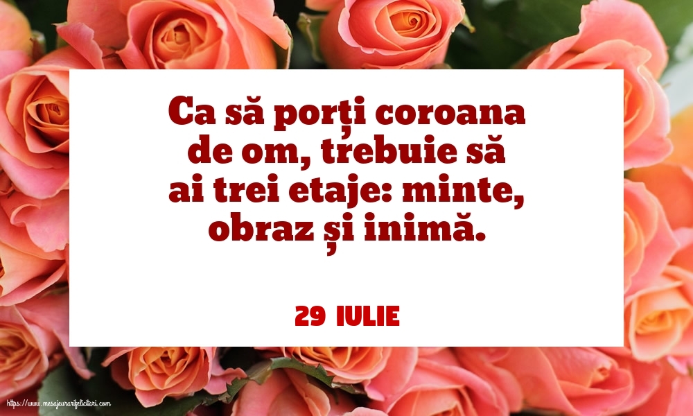 Felicitari de 29 Iulie - 29 Iulie - Ca să porți coroana de om, trebuie să ai trei etaje: minte, obraz și inimă.
