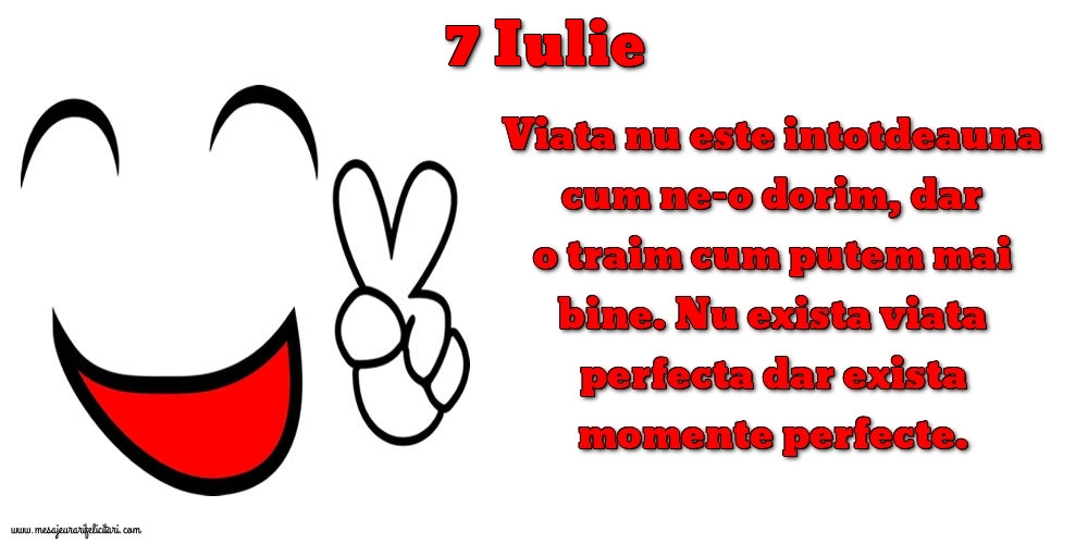 7.Iulie Viata nu este intotdeauna cum ne-o dorim, dar o traim cum putem mai bine. Nu exista viata perfecta dar exista momente perfecte.
