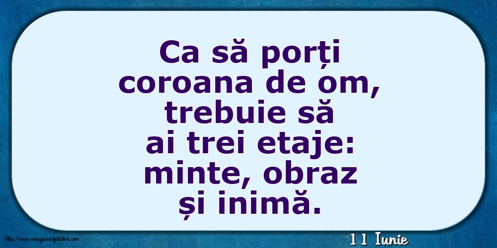 Felicitari de 11 Iunie - 11 Iunie - Ca să porți coroana de om, trebuie să ai trei etaje: minte, obraz și inimă.