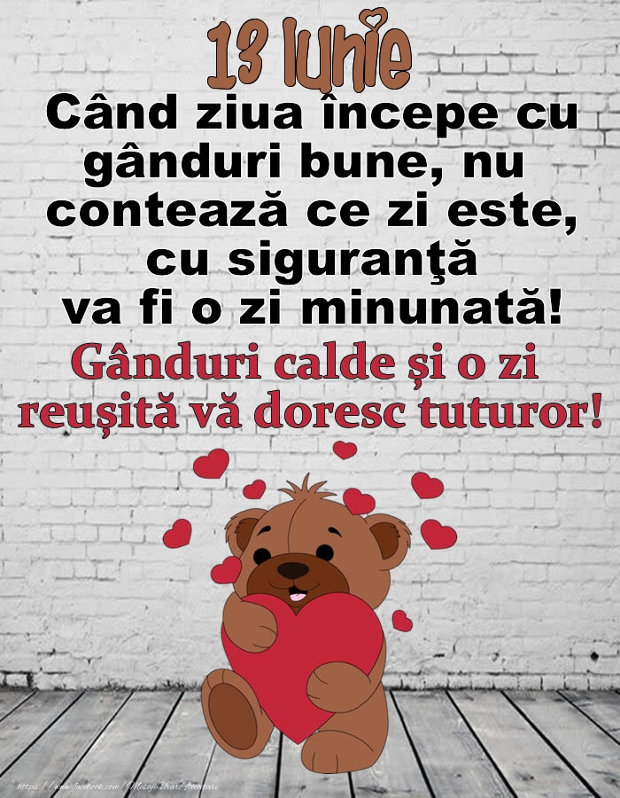 13 Iunie Gânduri calde și o zi  reușită vă doresc tuturor!