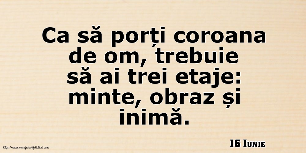16 Iunie - Ca să porți coroana de om, trebuie să ai trei etaje: minte, obraz și inimă.
