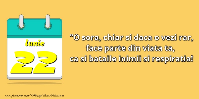 Felicitari de 22 Iunie - O soră, chiar şi dacă o vezi rar, face parte din viata ta, ca şi bătăile inimii şi respiraţia! 22Iunie